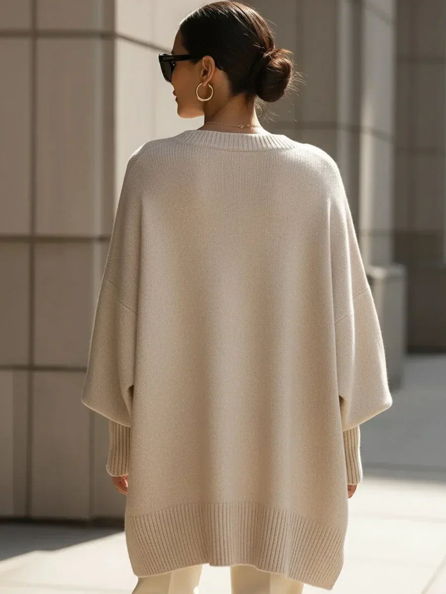 Women's Oversized Batwing Sweater – Asymmetric Hem Soft Knit Pullover