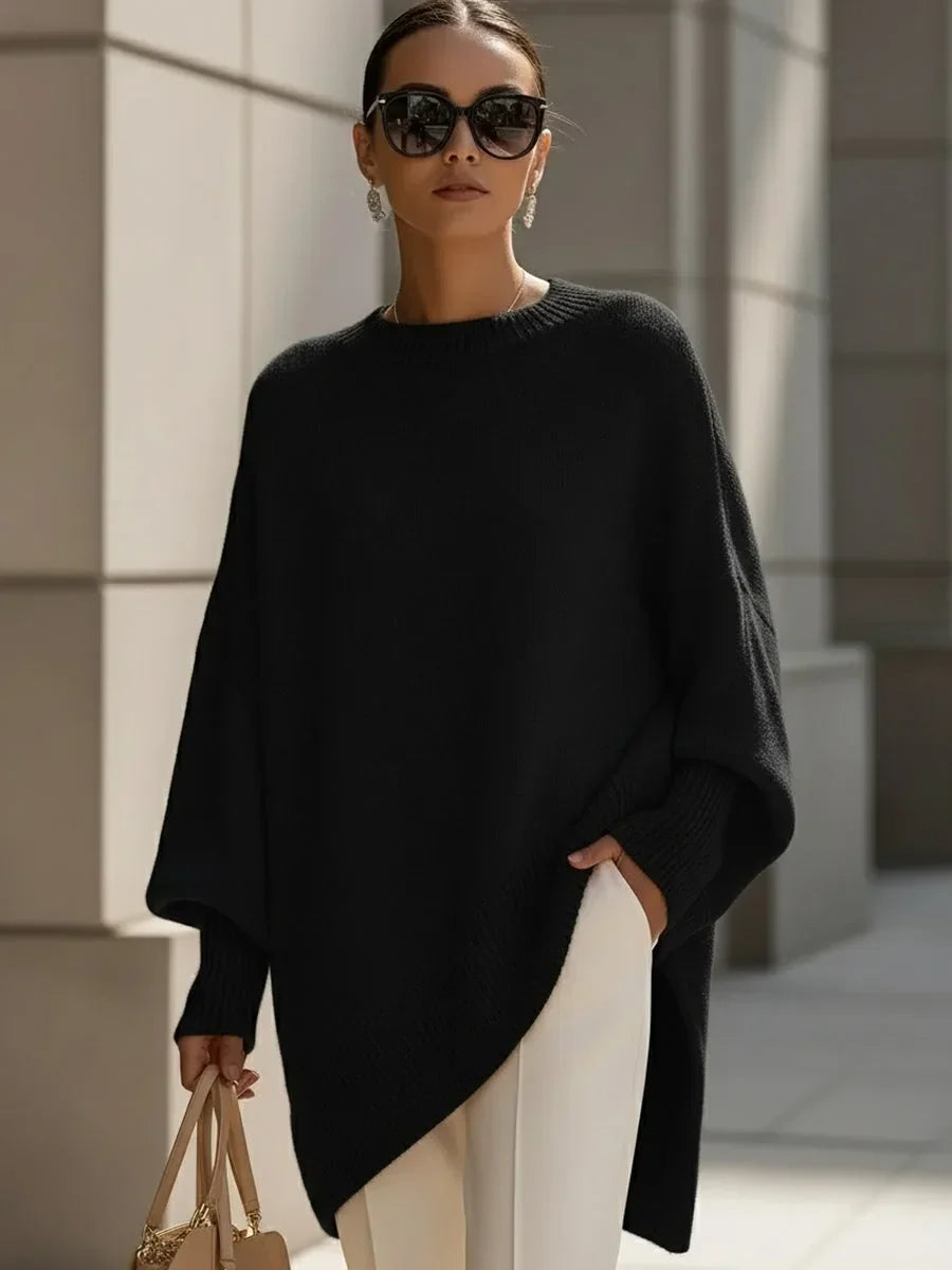 Women's Oversized Batwing Sweater – Asymmetric Hem Soft Knit Pullover