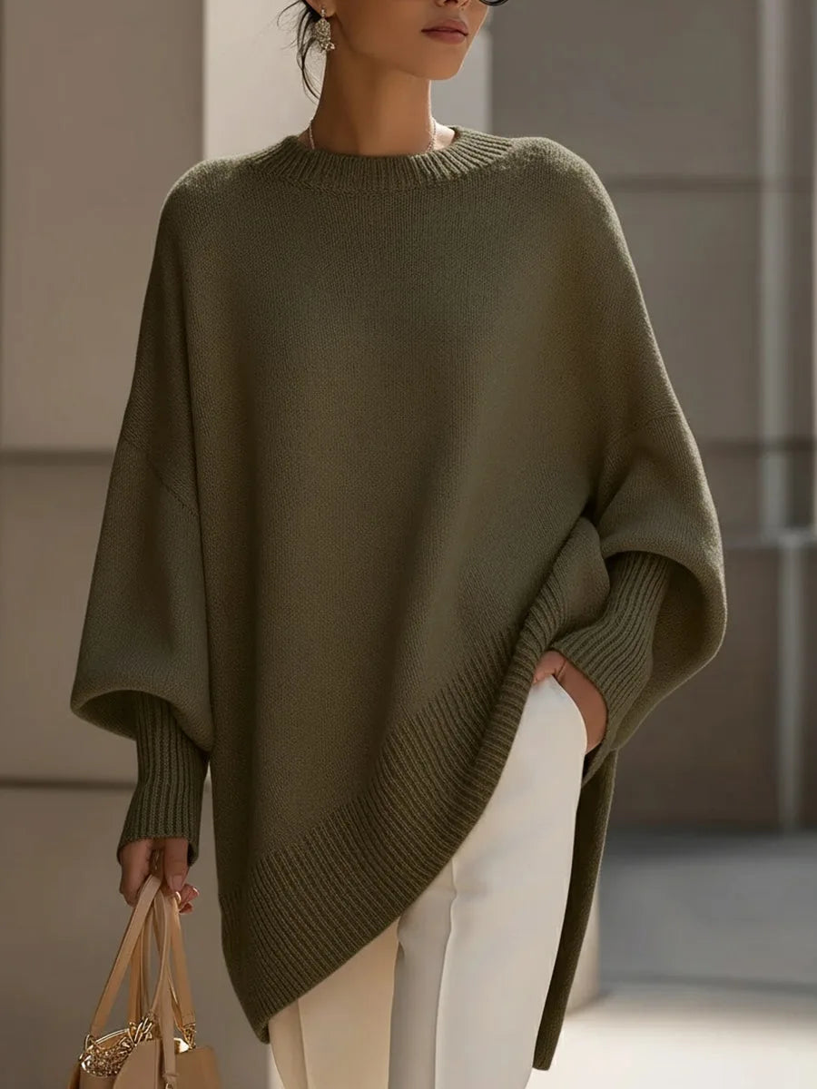 Women's Oversized Batwing Sweater – Asymmetric Hem Soft Knit Pullover