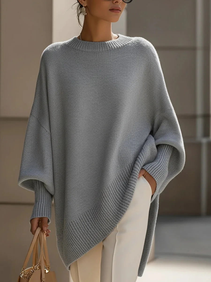 Women's Oversized Batwing Sweater – Asymmetric Hem Soft Knit Pullover