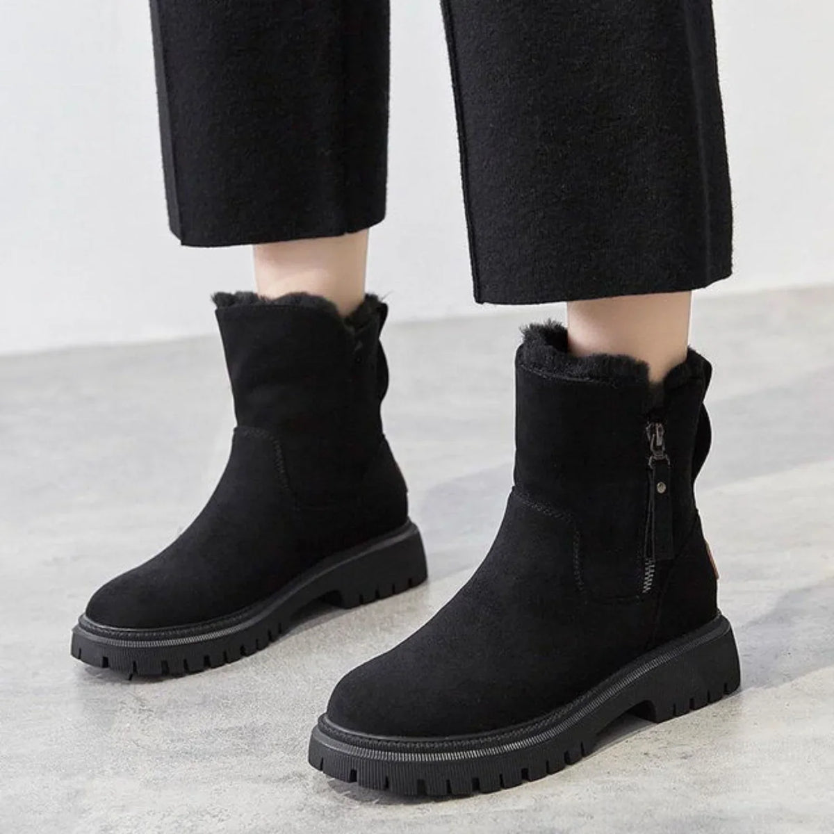 Women's Faux Fur Lined Snow Ankle Boots – Side Zip Flat Winter Boots