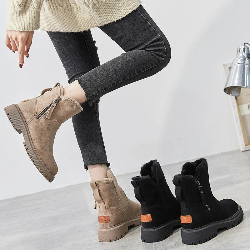 Women's Faux Fur Lined Snow Ankle Boots – Side Zip Flat Winter Boots