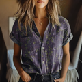 Women's Floral Print Lapel Blouse – Short Sleeve Button Front Top