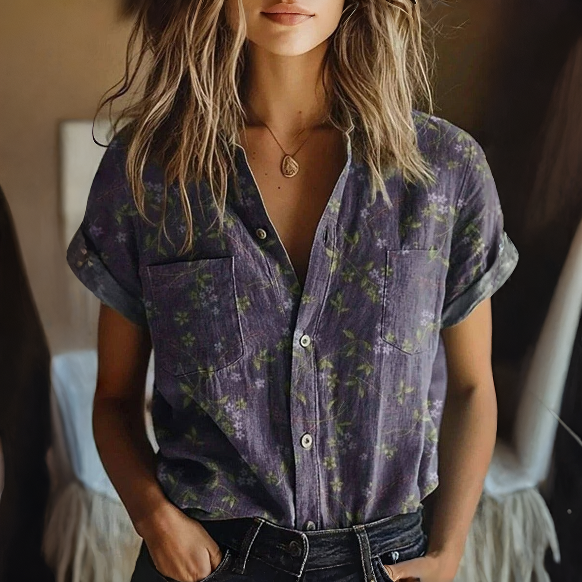 Women's Floral Print Lapel Blouse – Short Sleeve Button Front Top