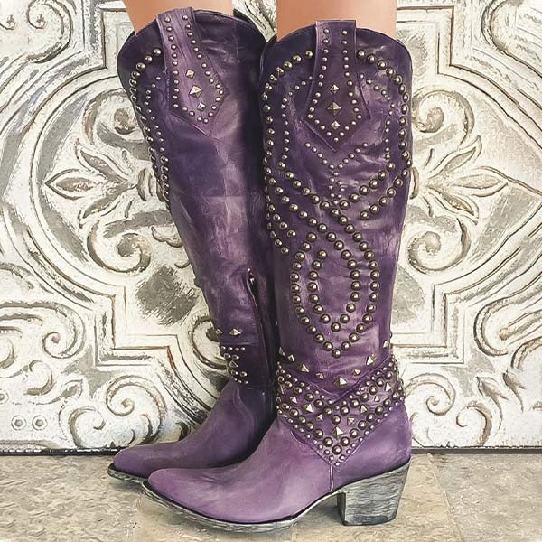 Women's Studded Knee High Cowgirl Boots – Pointed Toe Western Boots