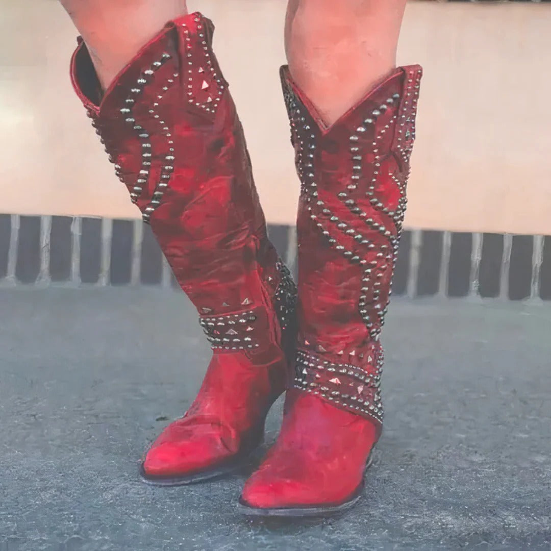 Women's Studded Knee High Cowgirl Boots – Pointed Toe Western Boots