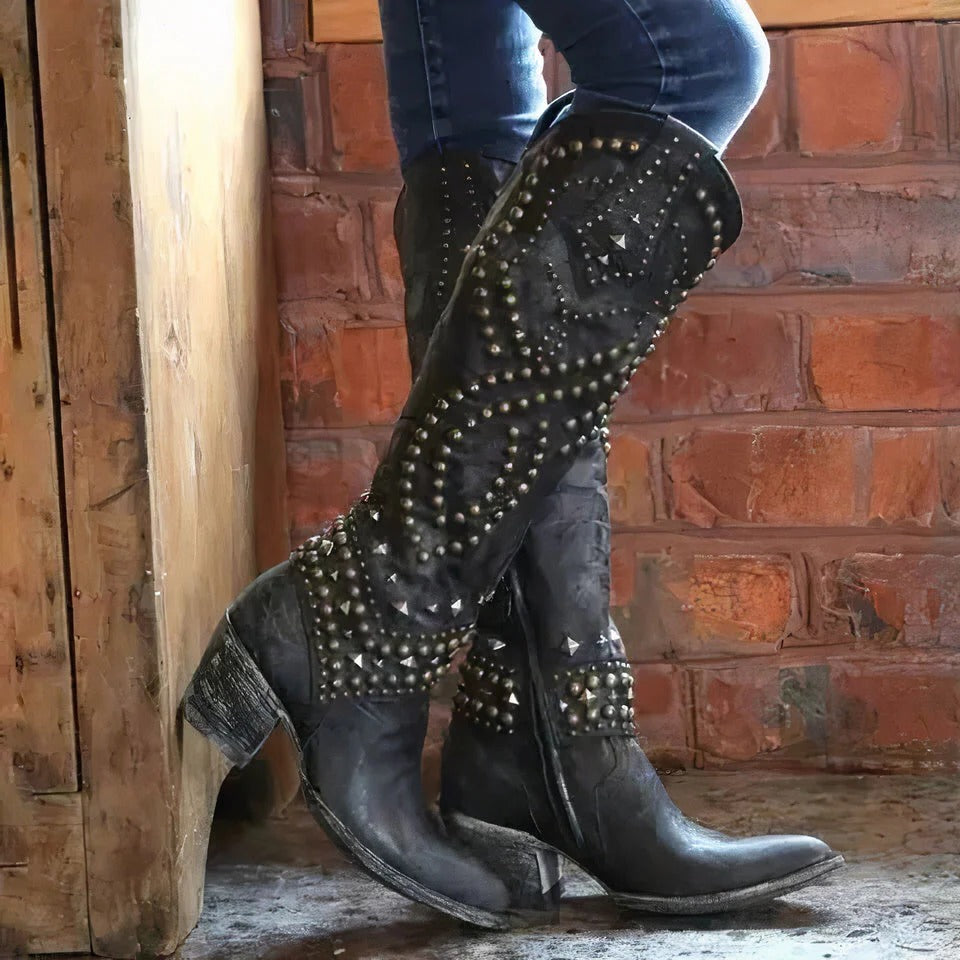 Women's Studded Knee High Cowgirl Boots – Pointed Toe Western Boots