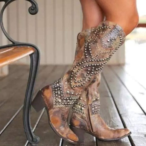 Women's Studded Knee High Cowgirl Boots – Pointed Toe Western Boots