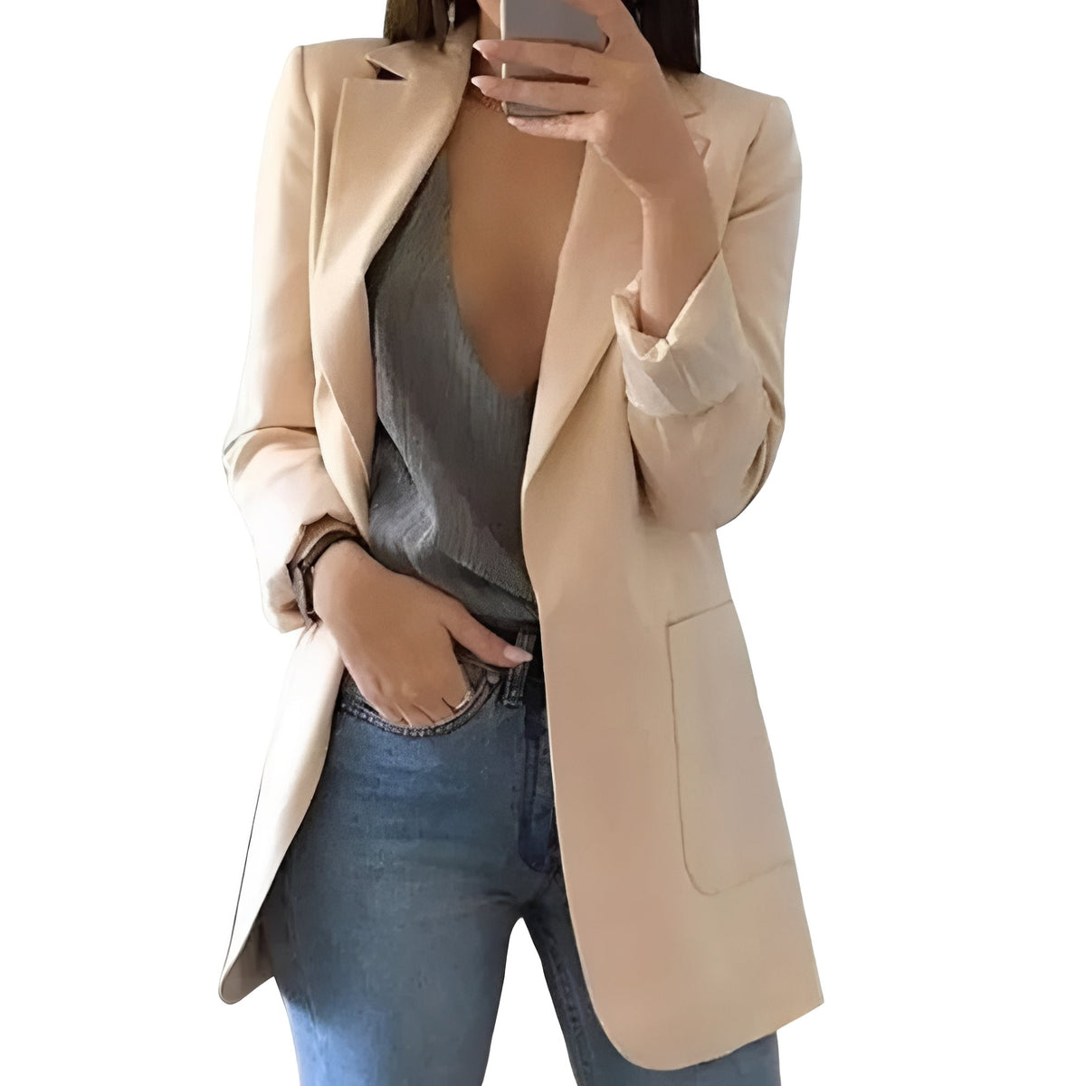 Women's Longline Blazer – Open Front Structured Jacket with Extended Length