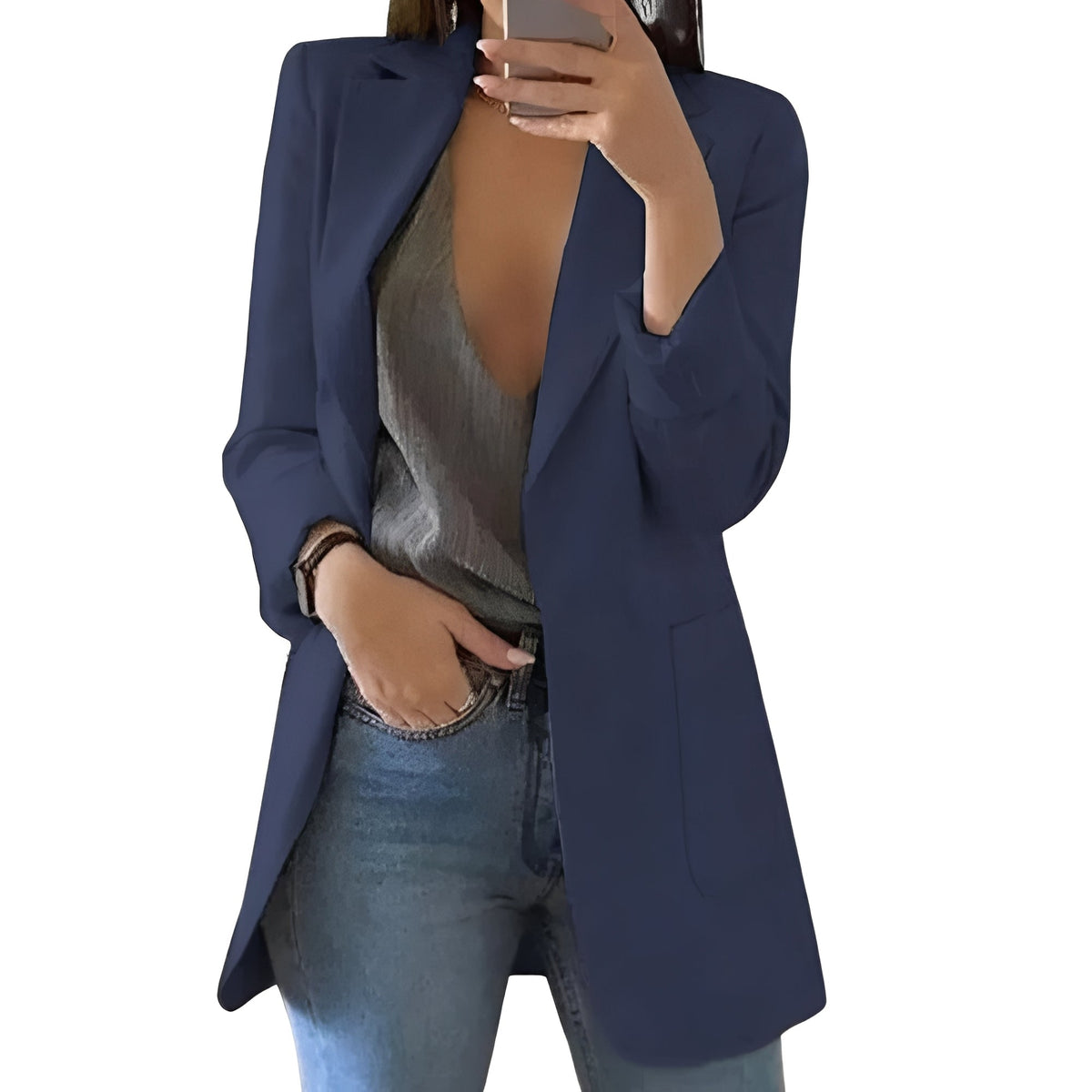 Women's Longline Blazer – Open Front Structured Jacket with Extended Length