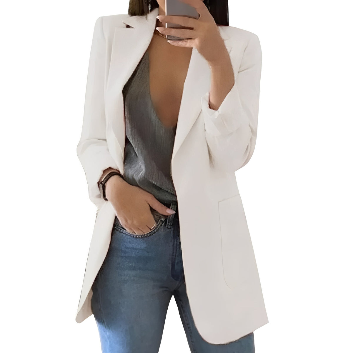Women's Longline Blazer – Open Front Structured Jacket with Extended Length