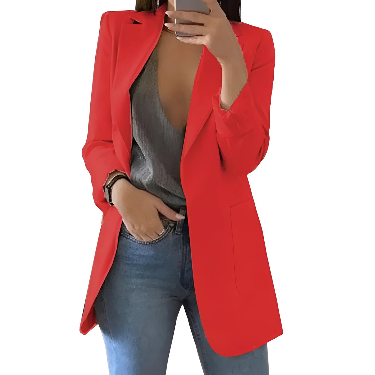Women's Longline Blazer – Open Front Structured Jacket with Extended Length