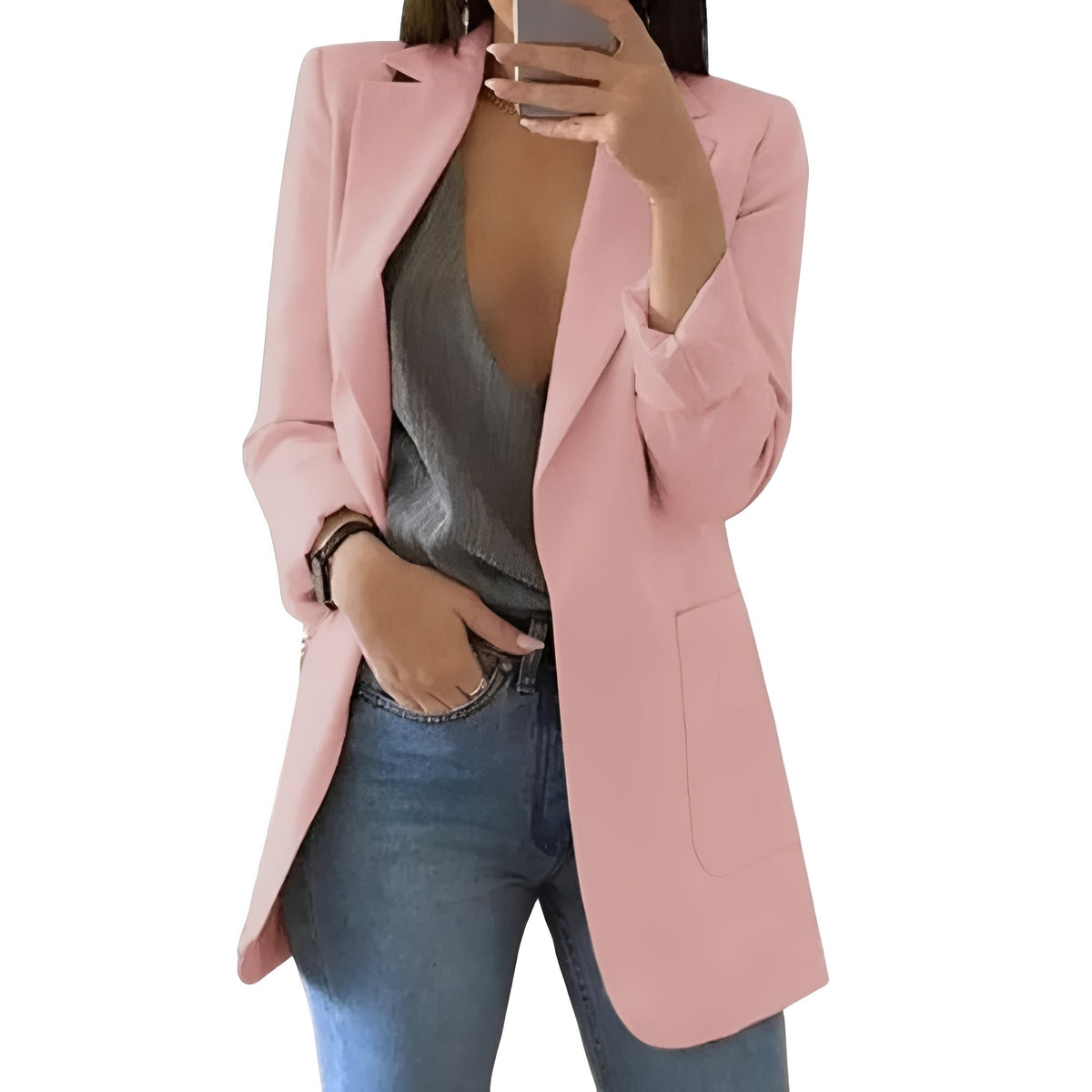 Women's Longline Blazer – Open Front Structured Jacket with Extended Length