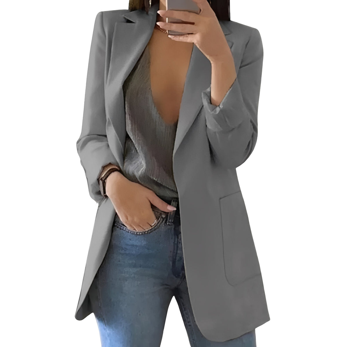 Women's Longline Blazer – Open Front Structured Jacket with Extended Length