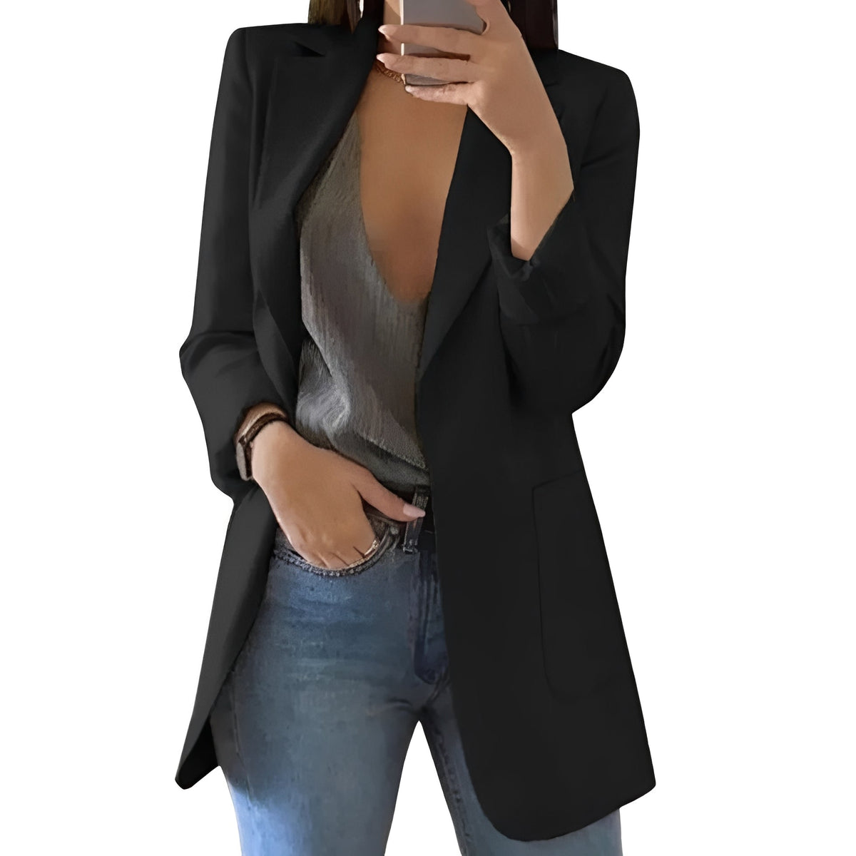Women's Longline Blazer – Open Front Structured Jacket with Extended Length