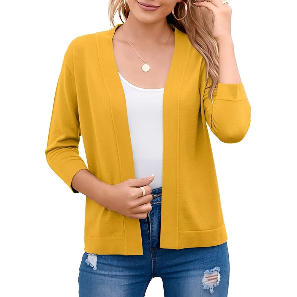 Women's Cropped Open Front Cardigan – 3/4 Sleeve Lightweight Layering Sweater