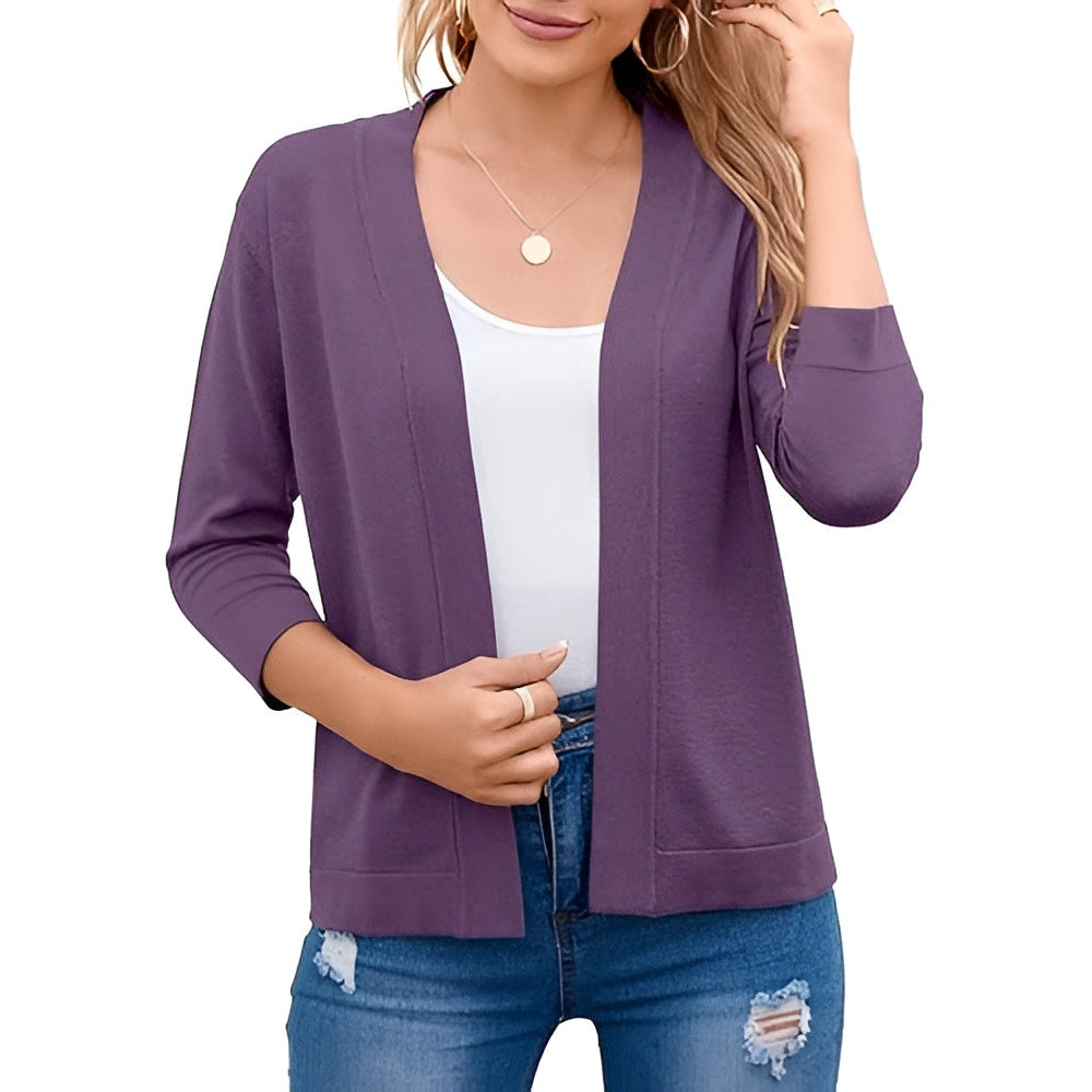 Women's Cropped Open Front Cardigan – 3/4 Sleeve Lightweight Layering Sweater