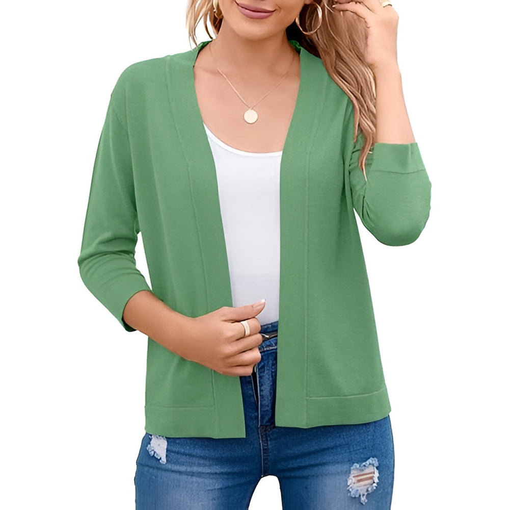 Women's Cropped Open Front Cardigan – 3/4 Sleeve Lightweight Layering Sweater