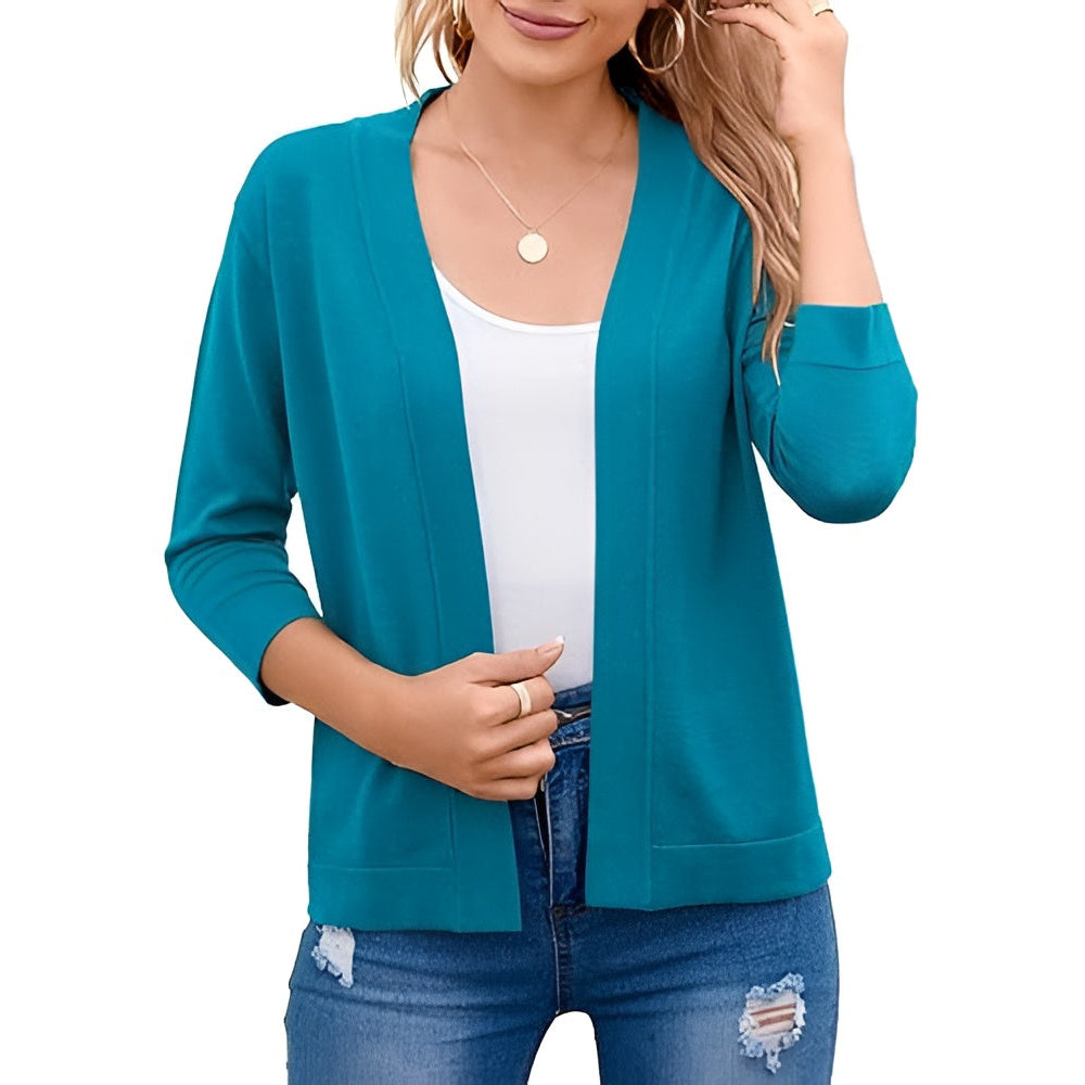 Women's Cropped Open Front Cardigan – 3/4 Sleeve Lightweight Layering Sweater