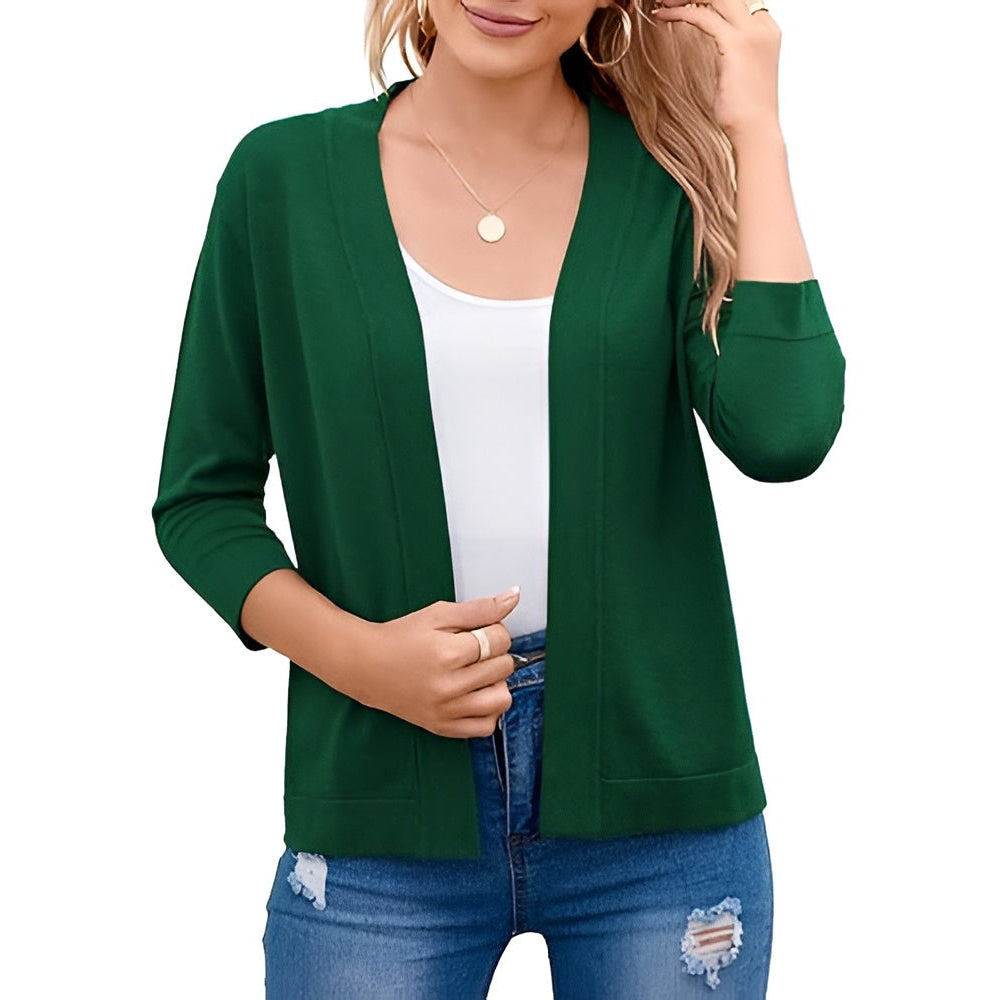 Women's Cropped Open Front Cardigan – 3/4 Sleeve Lightweight Layering Sweater