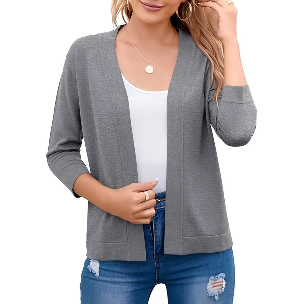 Women's Cropped Open Front Cardigan – 3/4 Sleeve Lightweight Layering Sweater