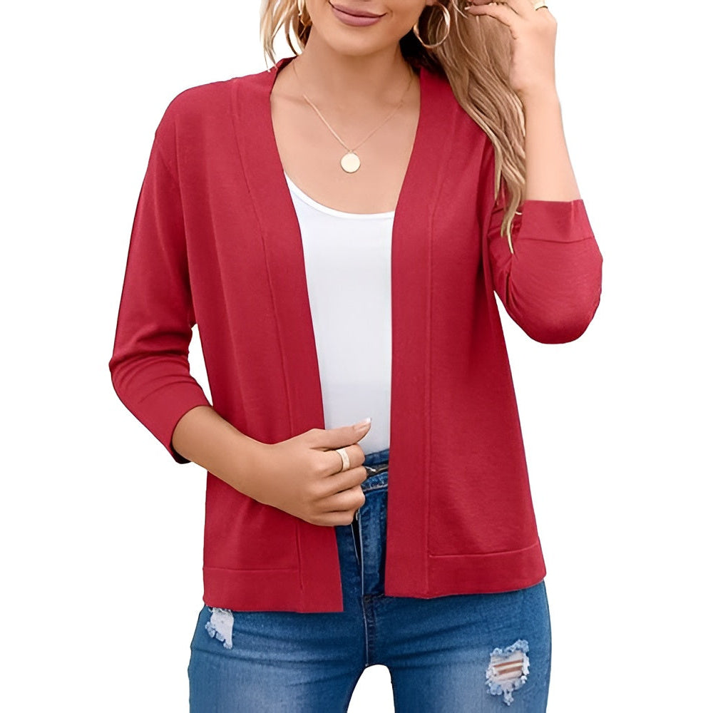 Women's Cropped Open Front Cardigan – 3/4 Sleeve Lightweight Layering Sweater