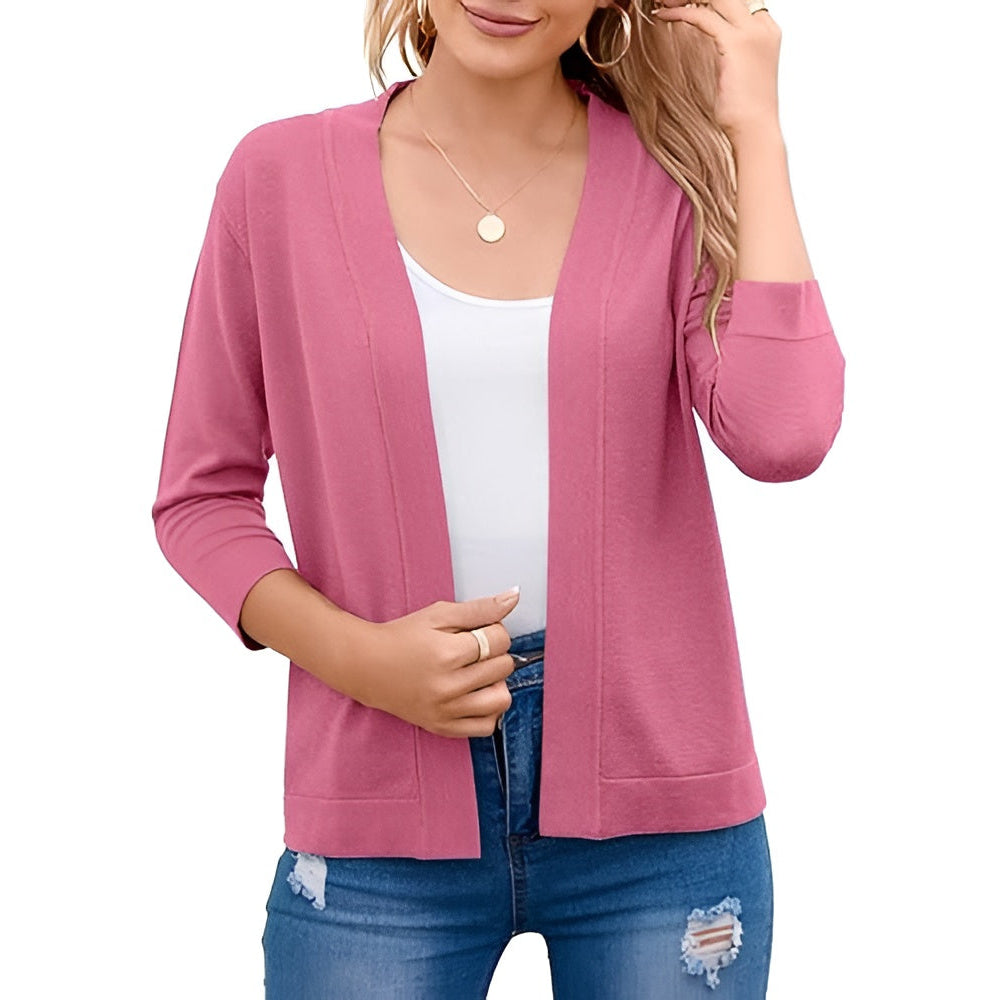 Women's Cropped Open Front Cardigan – 3/4 Sleeve Lightweight Layering Sweater