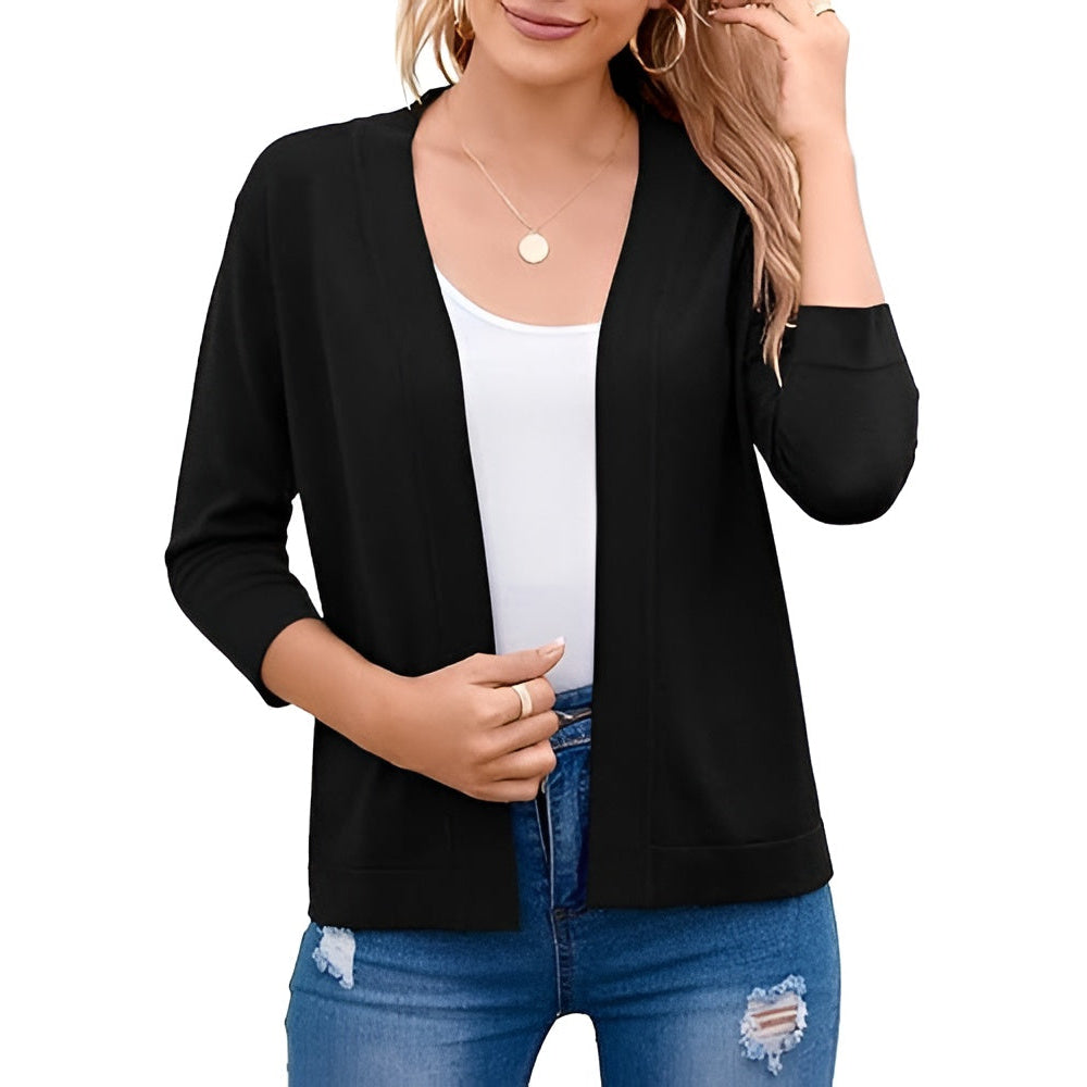 Women's Cropped Open Front Cardigan – 3/4 Sleeve Lightweight Layering Sweater