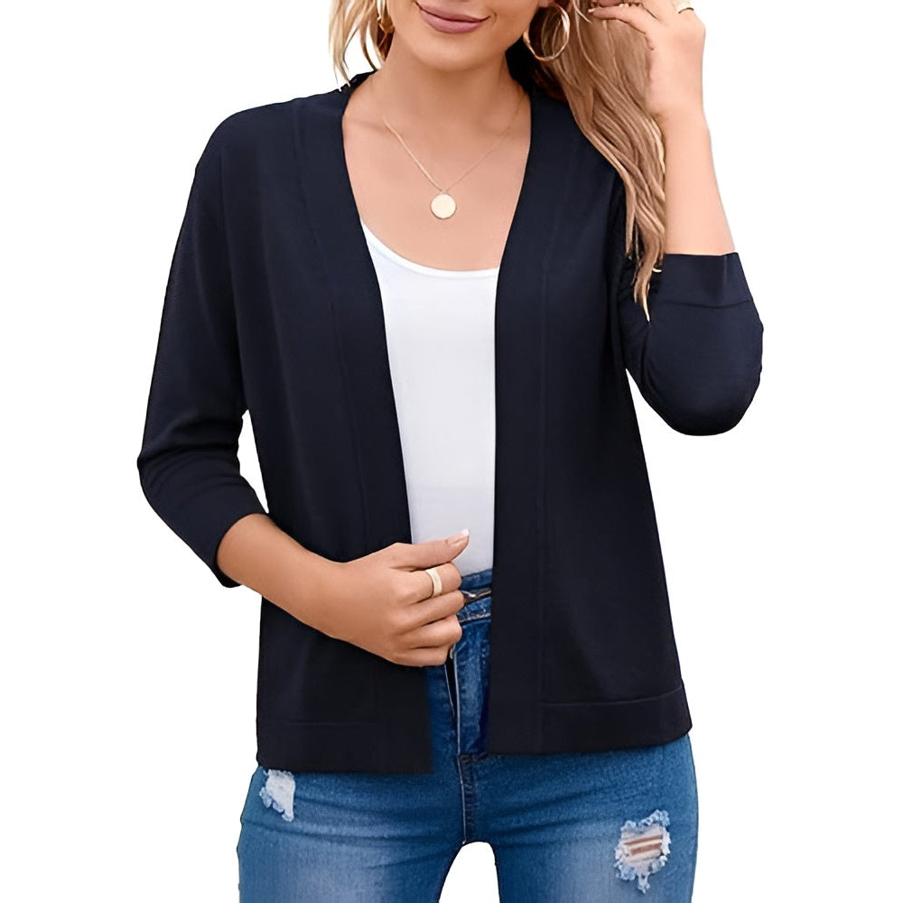 Women's Cropped Open Front Cardigan – 3/4 Sleeve Lightweight Layering Sweater