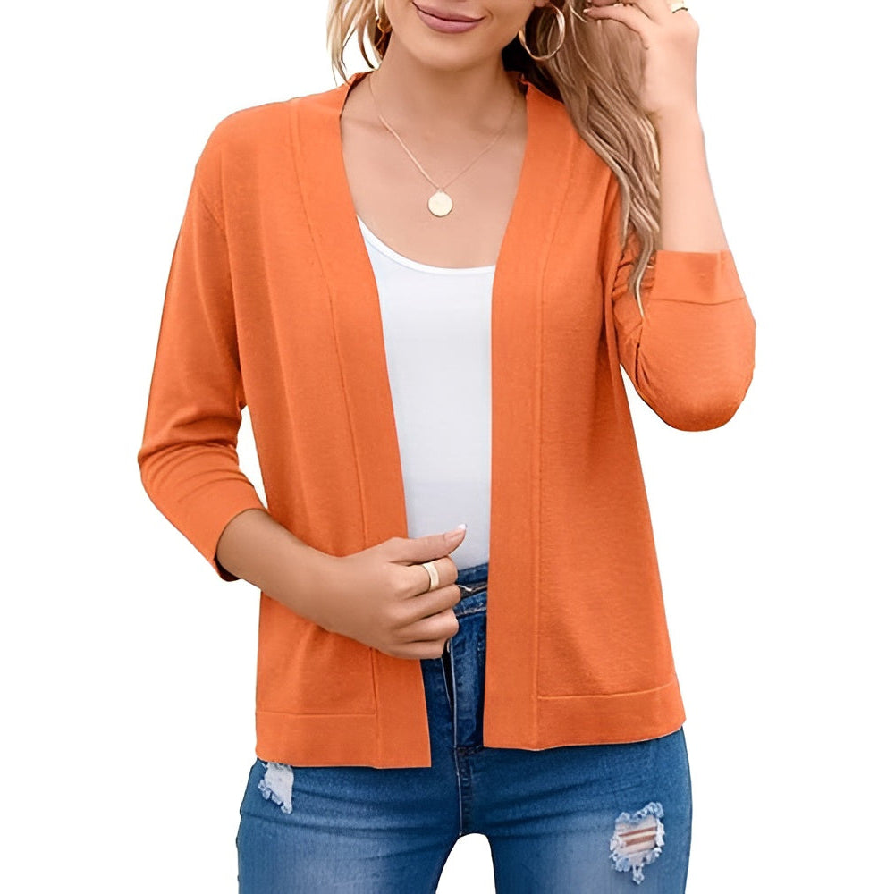 Women's Cropped Open Front Cardigan – 3/4 Sleeve Lightweight Layering Sweater
