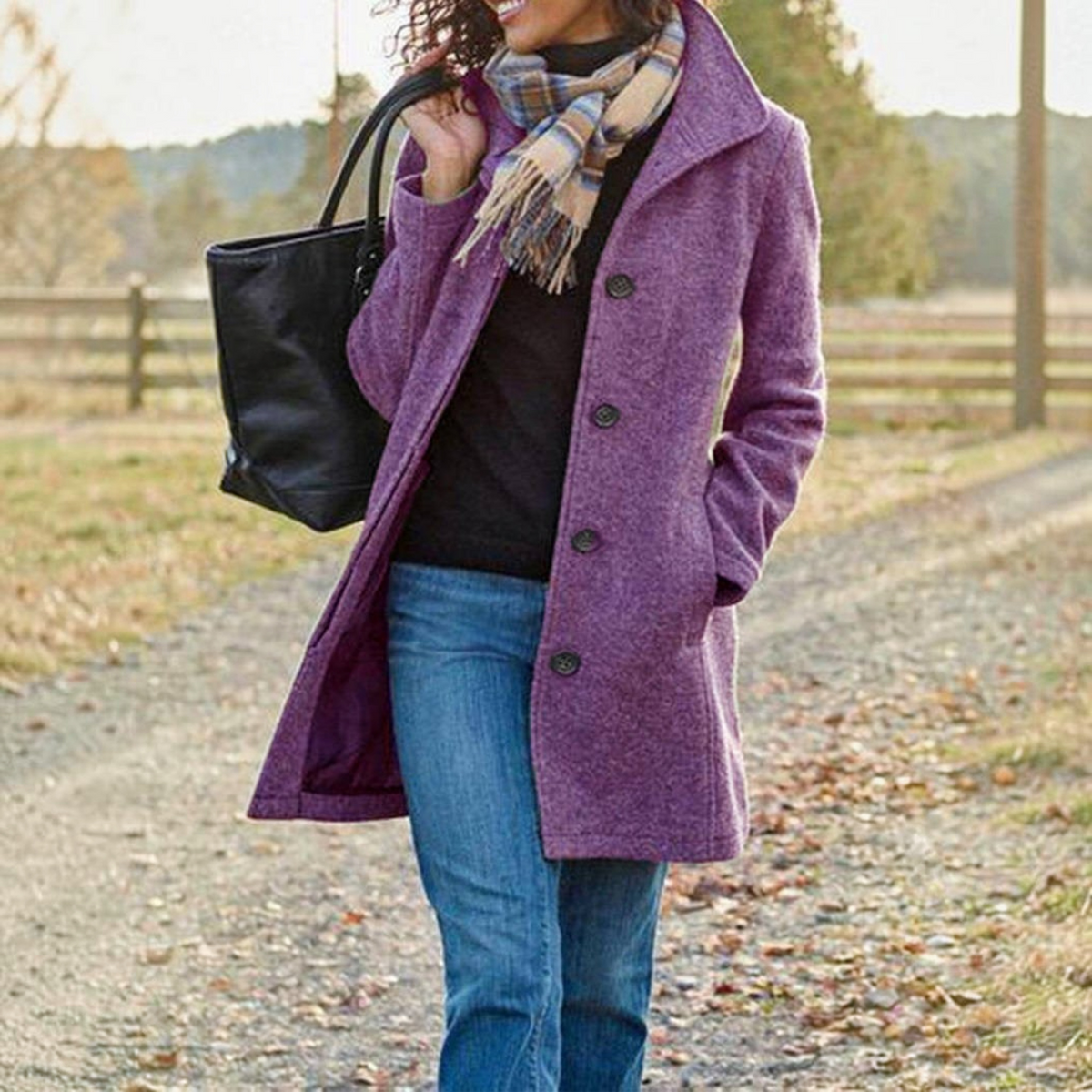 Women's Stand Collar Pea Coat – Single-Breasted Relaxed Winter Coat