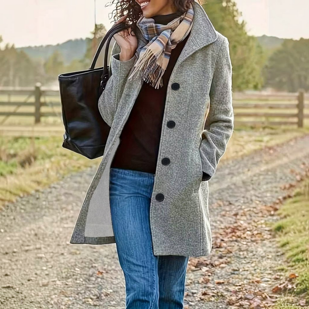 Women's Stand Collar Pea Coat – Single-Breasted Relaxed Winter Coat