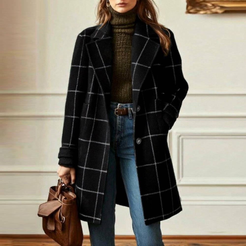 Women's Retro Plaid Coat – Windowpane Check Lapel Collar Winter Coat