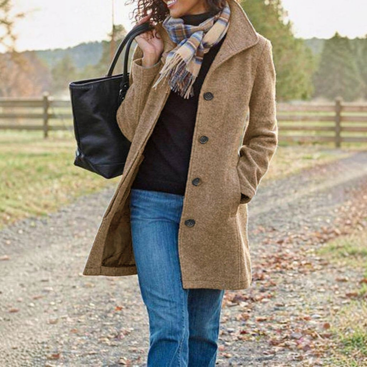 Women's Stand Collar Pea Coat – Single-Breasted Relaxed Winter Coat