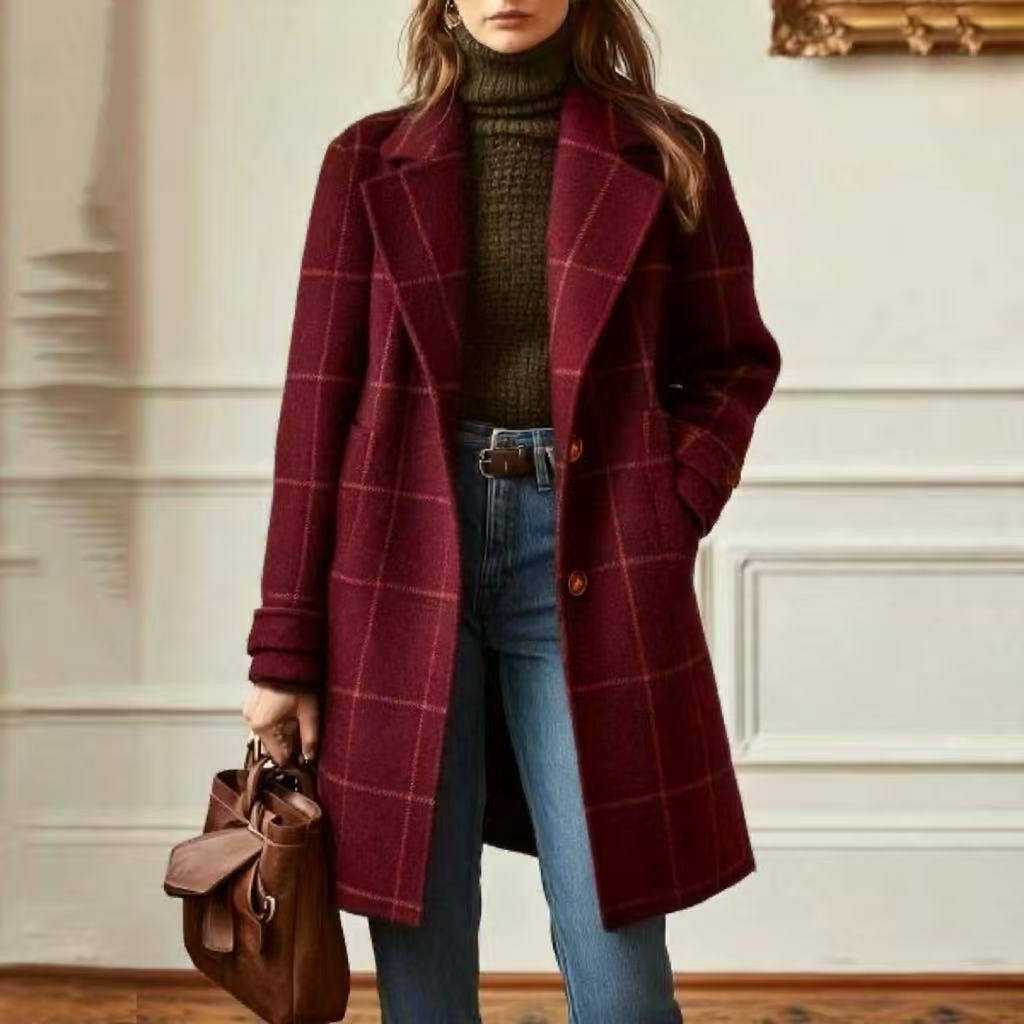 Women's Retro Plaid Coat – Windowpane Check Lapel Collar Winter Coat