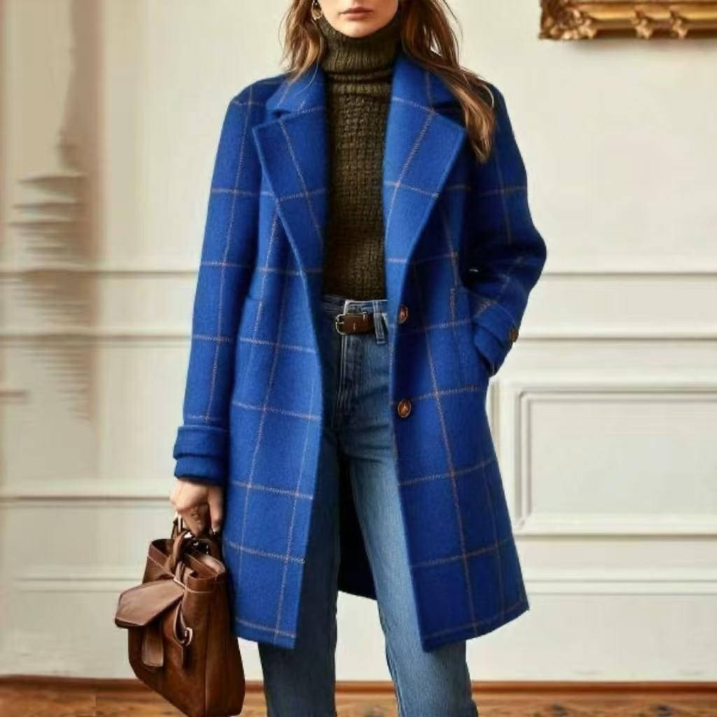Women's Retro Plaid Coat – Windowpane Check Lapel Collar Winter Coat