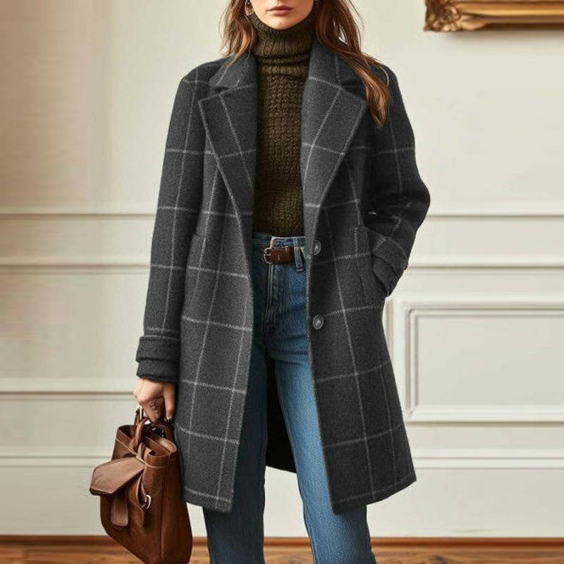Women's Retro Plaid Coat – Windowpane Check Lapel Collar Winter Coat