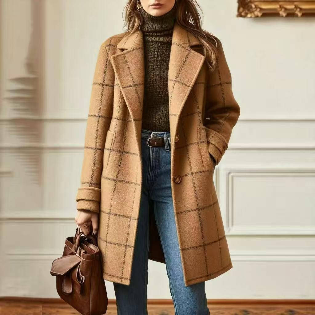 Women's Retro Plaid Coat – Windowpane Check Lapel Collar Winter Coat