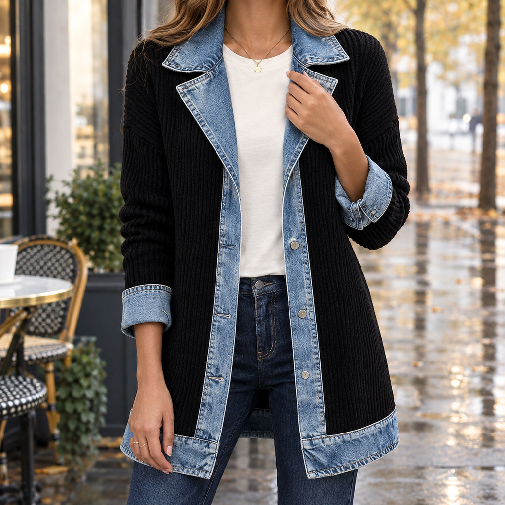 Women's Ribbed Knit Jacket with Contrast Denim Trim – Notched Collar Button Front Jacket