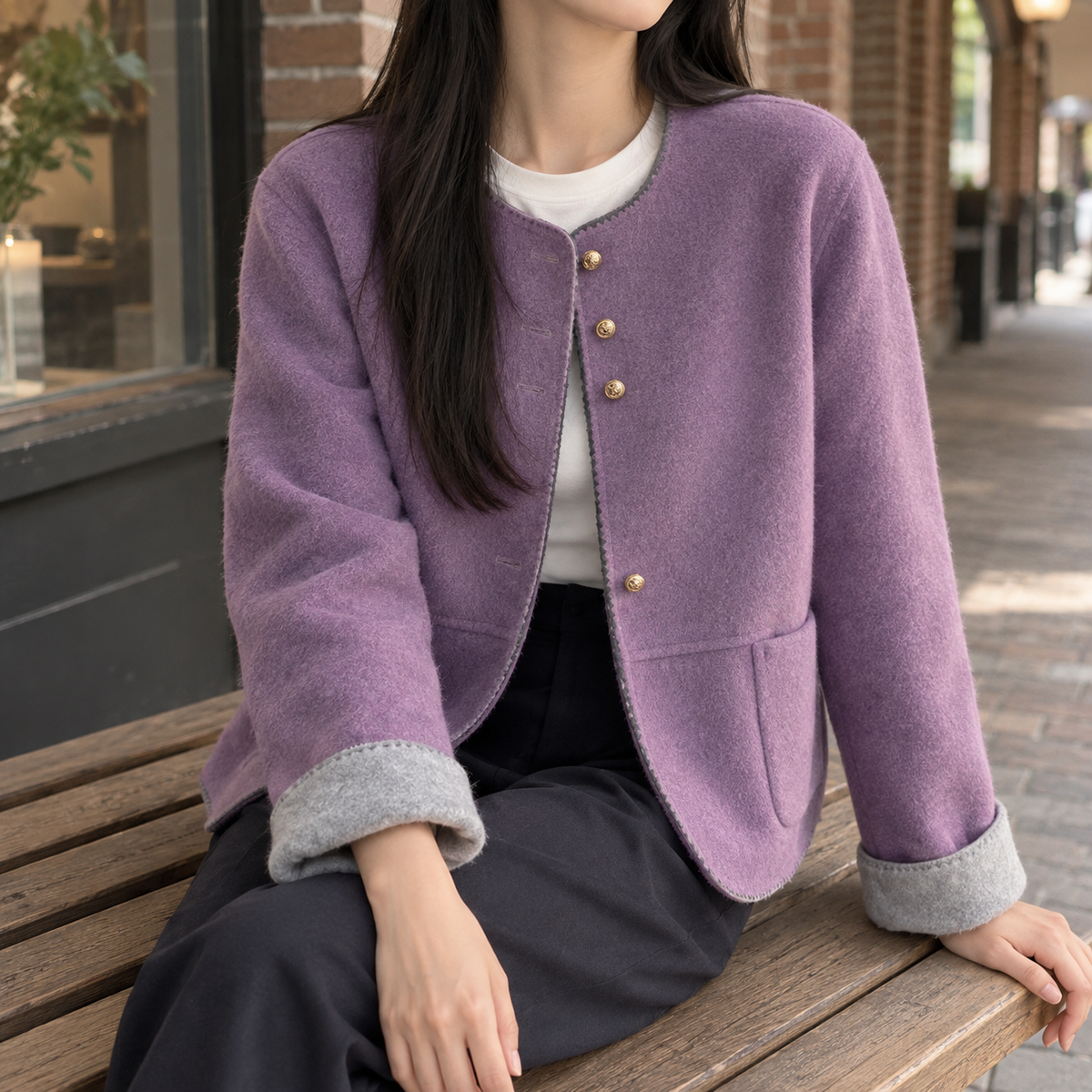 Women's Collarless Button Front Jacket – Relaxed Drop Shoulder Jacket with Contrast Cuffs