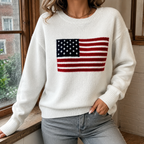 USA Flag Sweater – Women's Soft Knitted Crew Neck Pullover – Relaxed Casual American Flag Jumper