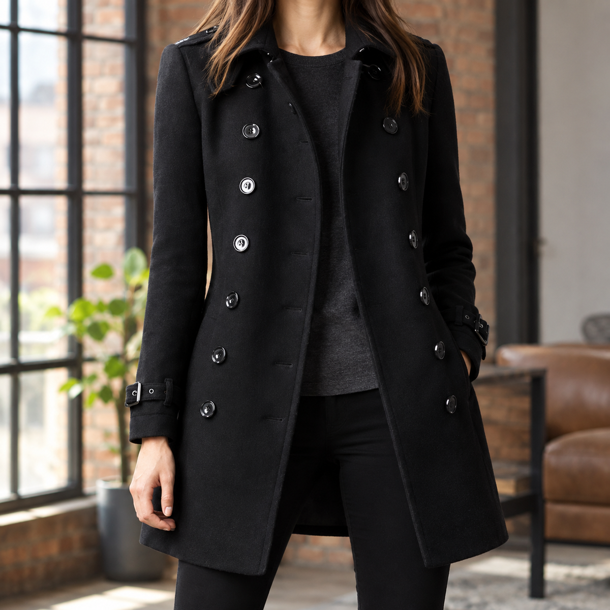 Women's Double-Breasted Coat – Mid-Thigh Notched Collar Coat with Cuff Tabs