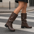 Women's Slouchy Knee High Biker Boots – Buckle Detail Boots with Low Block Heel