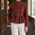 Women's Red Peplum Jacket – Fitted Zip-Up Jacket with Stand Collar