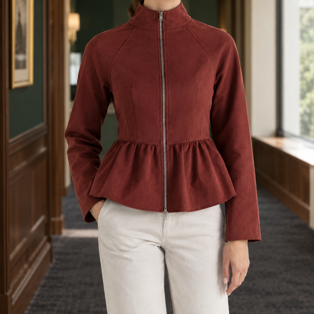 Women's Red Peplum Jacket – Fitted Zip-Up Jacket with Stand Collar