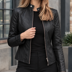 Women's Cropped Moto Jacket – Zip Front Jacket with Snap Tab Stand Collar