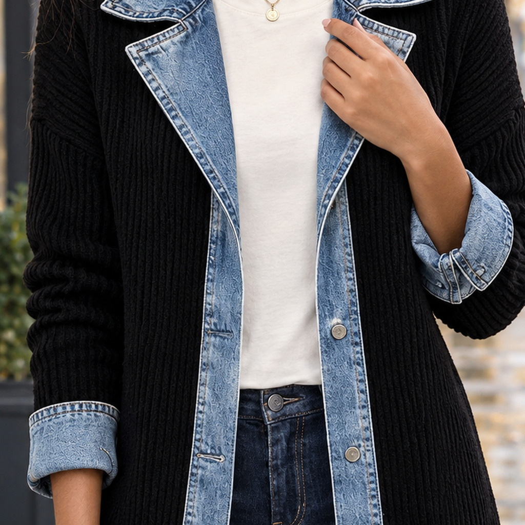 Women's Ribbed Knit Jacket with Contrast Denim Trim – Notched Collar Button Front Jacket