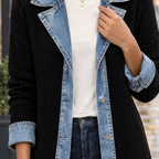 Women's Ribbed Knit Jacket with Contrast Denim Trim – Notched Collar Button Front Jacket