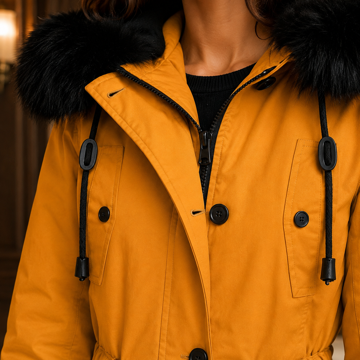 Women's Hooded Overcoat with Plush Trim – Thigh Length Coat with Adjustable Waist
