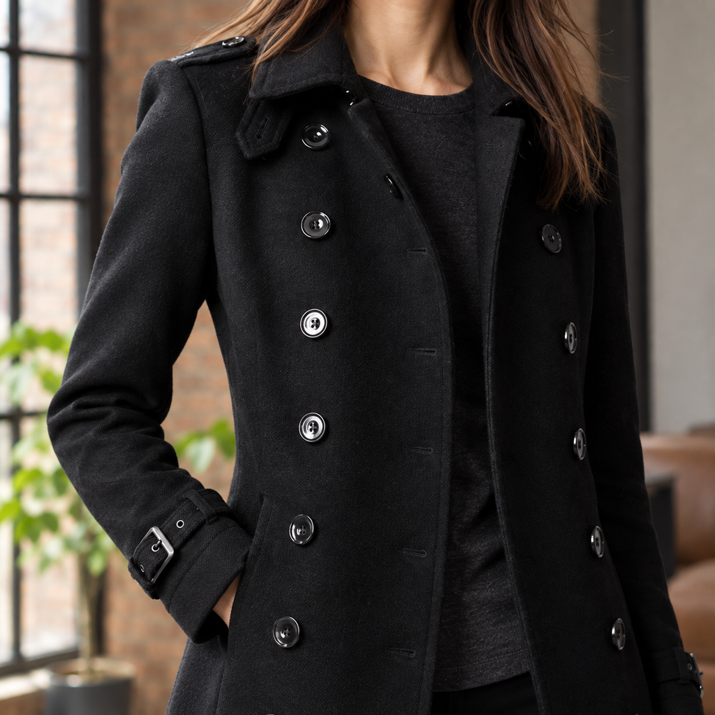 Women's Double-Breasted Coat – Mid-Thigh Notched Collar Coat with Cuff Tabs